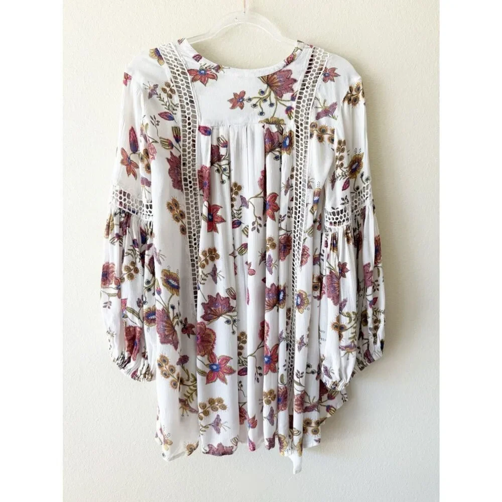 Free People Floral Crochet Trim Tunic Blouse Boho V Neck Bell Sleeve Top